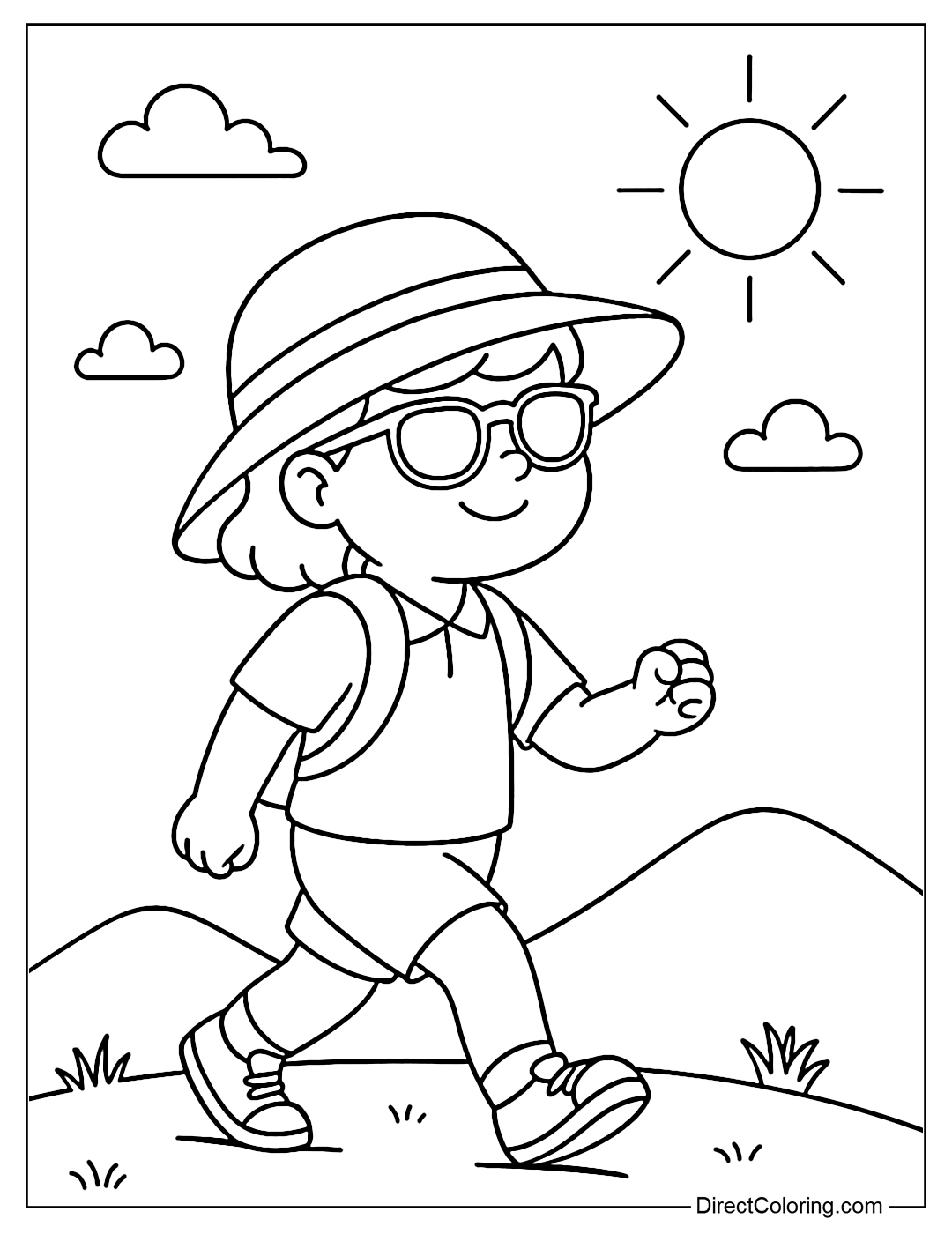 Coloring page of a child walking on a small hill, sunny, with sunglasses and a big sun hat.
